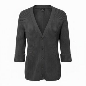 Talbots Merino Wool Ribbed Cardigan Sweater Gray V-Neck Button Front M